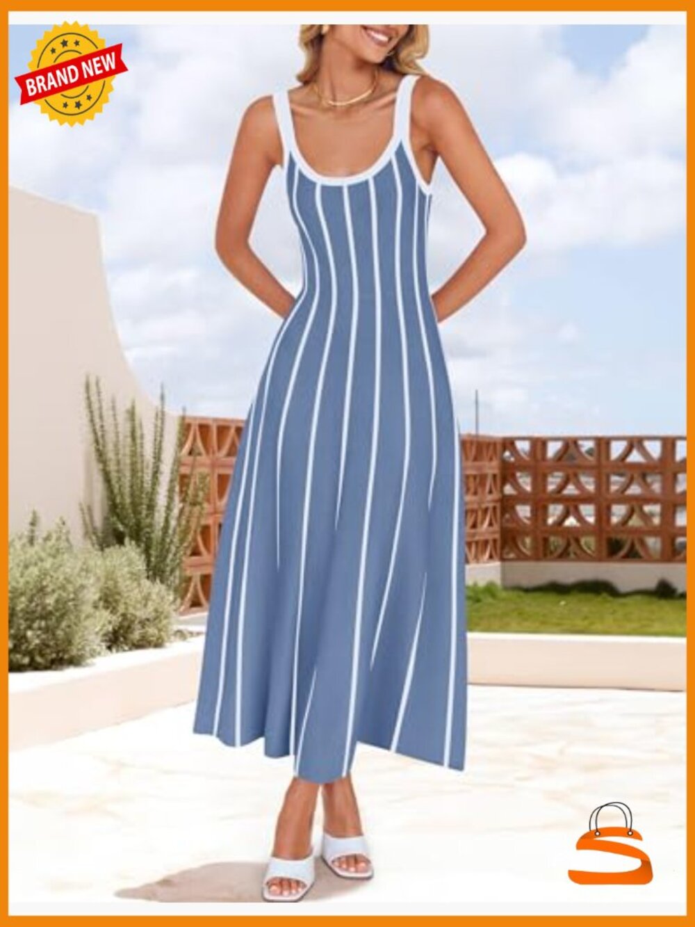 Striped A-Line Sleeveless Midi Dress - Knit Beach Vacation Outfit - Picture 3 of 7